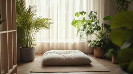 A serene indoor space featuring a floor cushion surrounded by lush greenery and natural light filtering through sheer curtains.