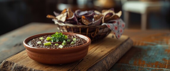 Fototapeta premium Blue Corn Tortilla Chips paired with Black Bean Dip