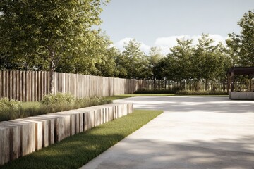 Modern outdoor space design featuring a wooden fence, seating, and green areas