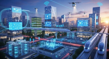 AIzaSyAzSjgftzwTUwsbgCk2T9gFkCxVUcWxqqw Smart City Technology Futuristic Urban Landscape with Drones and High-Speed Trains