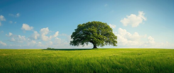 Serene Green Meadow Featuring Oak Trees Under a Clear Blue Sky