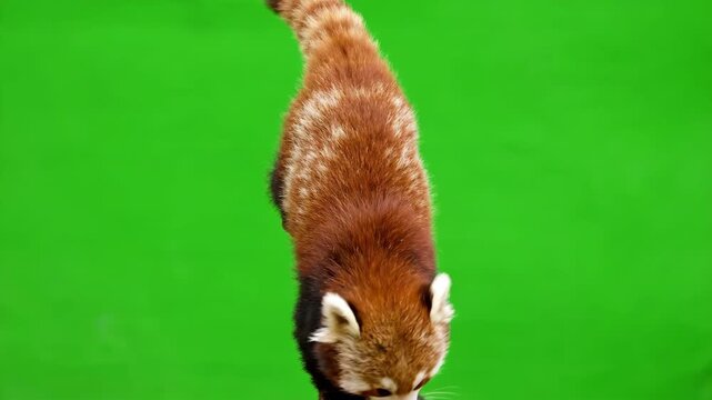 Red Panda (Ailurus fulgens) moving against a vibrant green screen background ready for chroma key editing