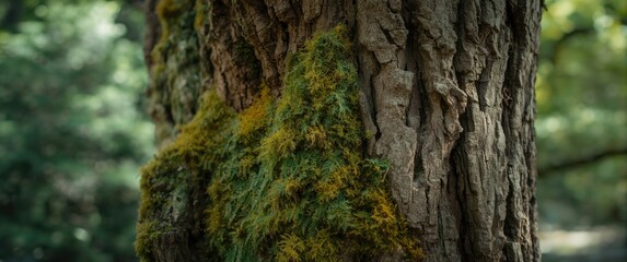 Texture of brown tree bark with green moss in a horizontal shot