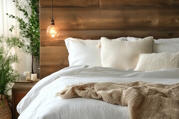 A cozy bedroom featuring a wooden wall, plush bedding, decorative cushions, a hanging light, and green plants for a warm, inviting atmosphere.
