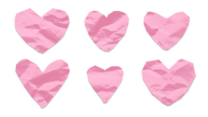 Set of pink paper hearts on transparent background, dotted halftone collage elements with gritty texture of crumpled paper, jagged edges. Vintage love and romance, cute stickers. Vector