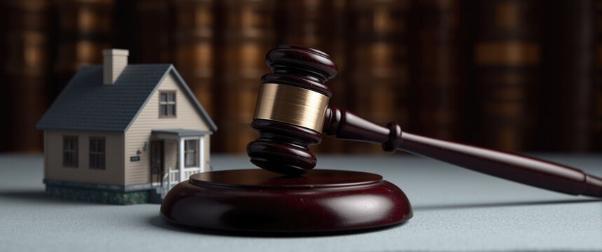Real estate transaction legal issues: a model house and judicial gavel depiction