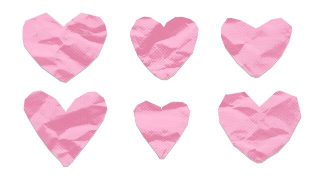 Set of pink paper hearts on transparent background, dotted halftone collage elements with gritty texture of crumpled paper, jagged edges. Vintage love and romance, cute stickers. Vector