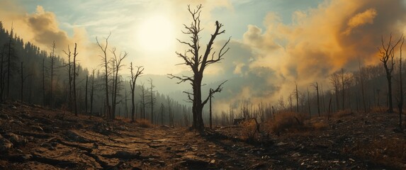 Mountain scene with dry, dead trees highlighting hot climate change and pollution effects