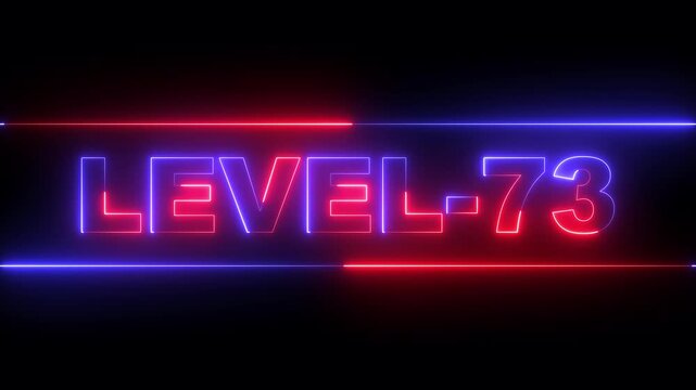 glowing neon Level-73 text inside a horizontal banner on black background. level 73 text icon animation. Neon level up sign. neon next Level text. Game concept next level. 4k video animation.