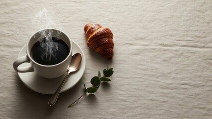 Enjoying a steaming cup of coffee and a freshly baked croissant, AIzaSyAzSjgftzwTUwsbgCk2T9gFkCxVUcWxqqw, on a rustic linen tablecloth