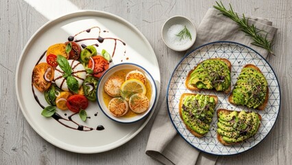 Deliciously Prepared Caprese Salad with Balsamic Glaze and Seared Scallops Alongside Avocado Toast, Perfect for a Gourmet Meal Experience