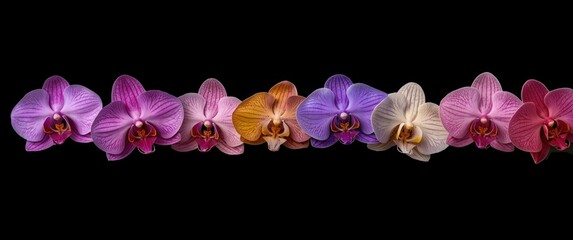 Colorful orchids aligned in a row with a dark backdrop © NeuralNiche