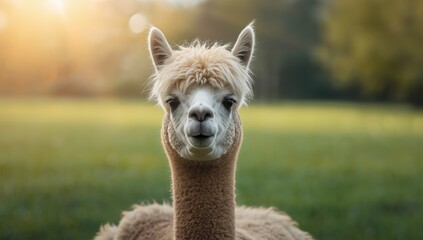 Obraz premium Portrait of a cheerful alpaca with sheared fleece, emphasizing facial features and soft fur texture, ideal for animal portraits
