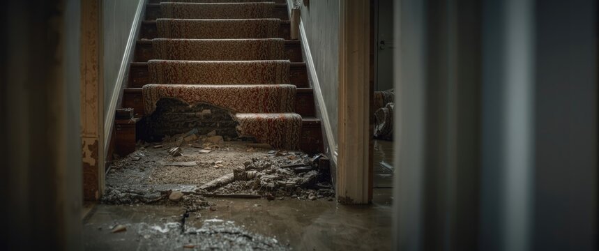 Staircase with carpet removed from bottom step due to basement flooding