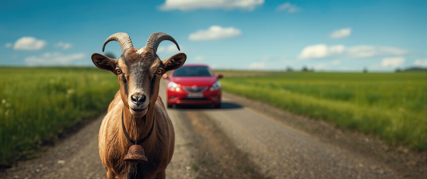 A goat with a bell on its neck is positioned in the middle of the street, gazing at a red car approaching