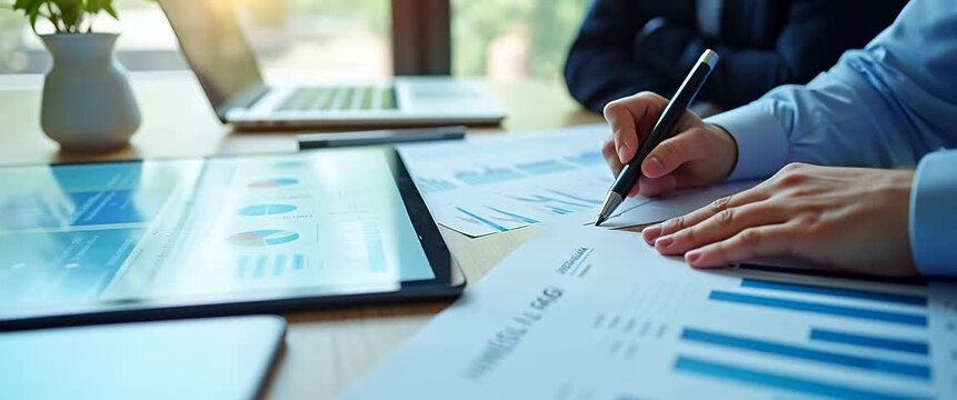 Business professionals analyze financial graphs on a tablet, with gentle ambient light flickering and a slow camera pan, in a cinematic office setting.