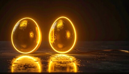 Glowing Eggs in Dark Environment with Reflections.