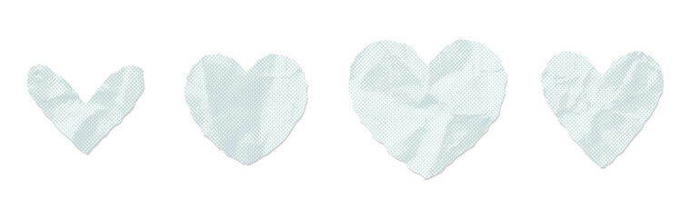 Set of various crumpled heart shapes in white color on a transparent background. Vintage cute paper decor elements for Valentine s day design. Vector.