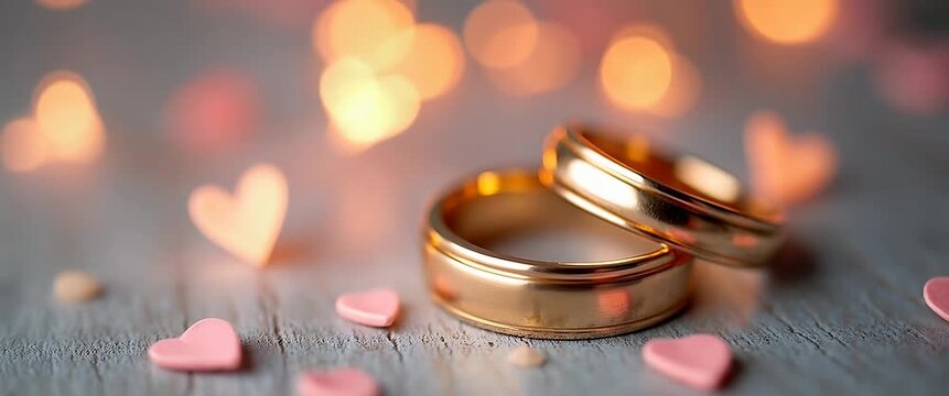 Golden wedding rings gently rotate on a rustic wooden surface, while the camera executes a slow pan amidst softly glowing heart-shaped lights in a romantic, cinematic style.