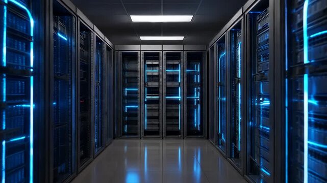 Data center maintenance corridor with server racks and blue indicator lights