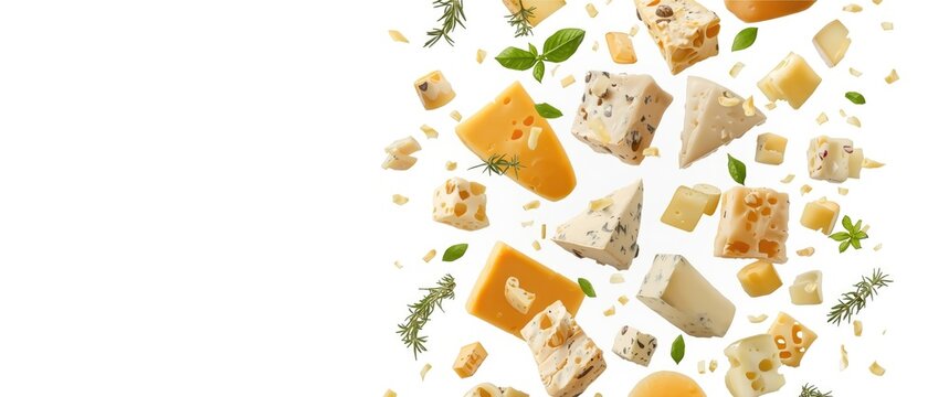 Various types of cheese flying with herbs and spices on white background, isolated with copy space
