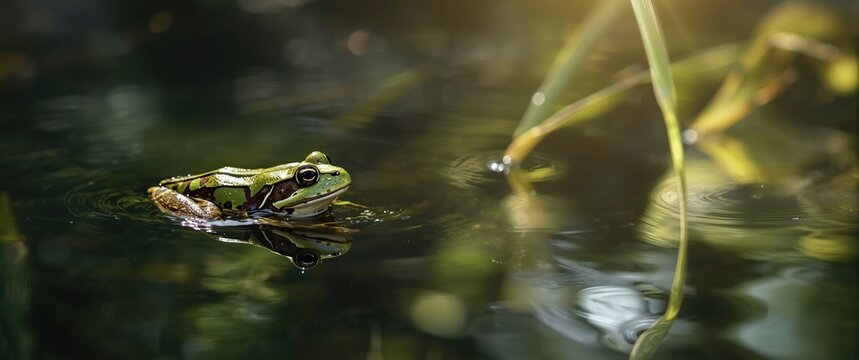 Surface view of a Marsh Frog in a pond