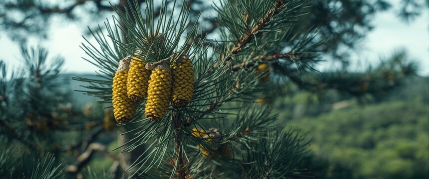 Close-up of striking yellow-green male cones on Lebanon Cedar Cedrus libani branches