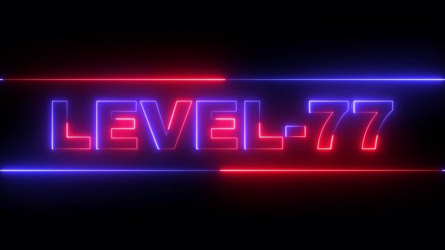 glowing neon Level-77 text inside a horizontal banner on black background. level 77 text icon animation. Neon level up sign. neon next Level text. Game concept next level. 4k video animation.
