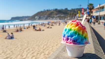 Vibrant rainbow shaved ice enjoyed on a sunny beach day