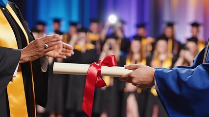 Teacher handing certificate to student slow motion graduation achievement success education background copy space pride motivation school goal