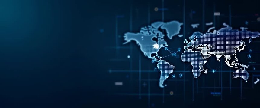 Dynamic digital world map with animated data points, gentle ambient motion, and a slow pan camera movement, showcasing a futuristic, tech-inspired design with ample copy space.