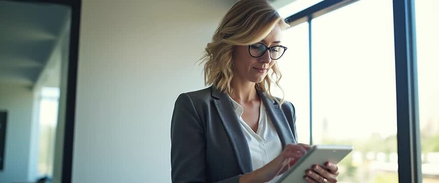 Confident businesswoman in modern office using tablet, camera slowly panning as natural light filters through large windows, creating a professional and cinematic atmosphere.