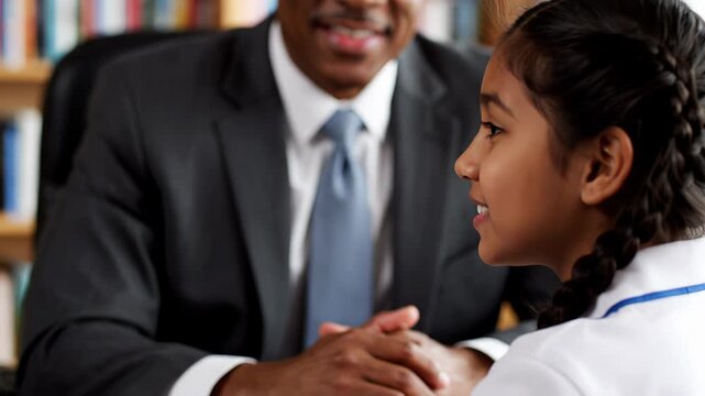 School principal talking to student slow motion education leadership guidance mentorship professional background copy space discipline conversation success motivation