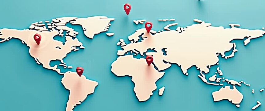 Cinematic 3D world map animation with pins dynamically appearing; slow camera zoom enhances exploration theme; subtle ambient lighting adds depth and interest for educational content.