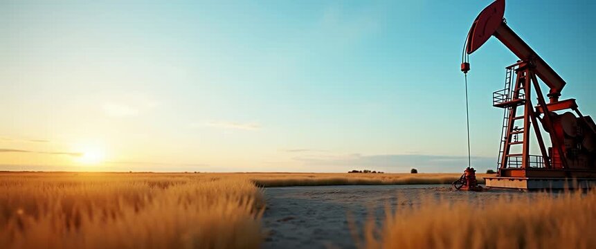 Cinematic sunrise over a vast oil field, with a pumpjack gently operating; camera slowly pans, capturing the serene expanse and subtle motion of swaying grass, ideal for energy industry visuals.