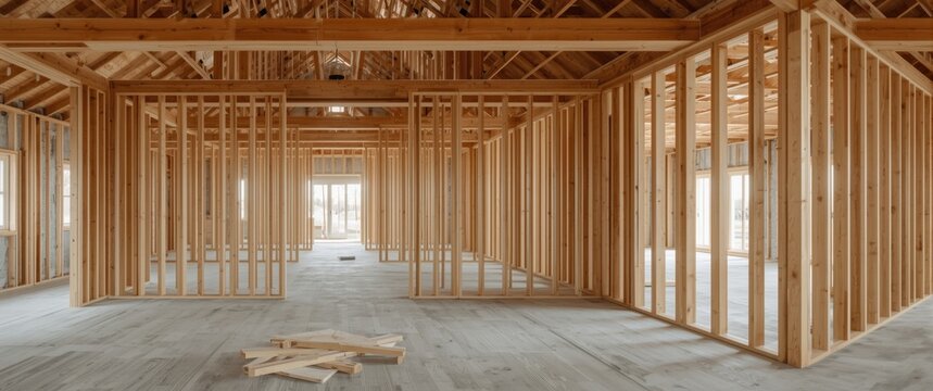Recently built home featuring an unfinished interior with timber framing and support beams made of wood studs