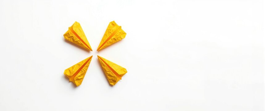 Four yellow crushed paper airplanes representing unsent messages against a white backdrop, with copy space