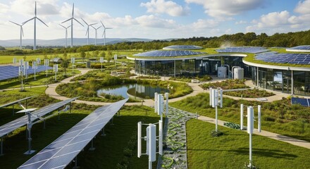 AIzaSyAzSjgftzwTUwsbgCk2T9gFkCxVUcWxqqw Renewable Energy Facility Showcases Solar Panels, Wind Turbines, and Sustainable Architecture Amidst Green Landscaping