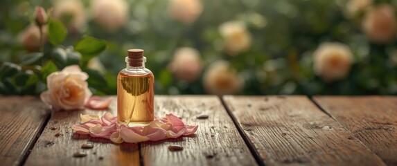 Fragrant rose oil contained in a bottle on a wooden surface