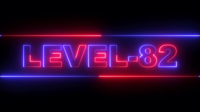 glowing neon Level-82 text inside a horizontal banner on black background. level 82 text icon animation. Neon level up sign. neon next Level text. Game concept next level. 4k video animation.