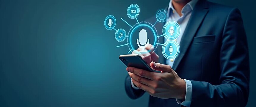 Businessman interacts with smartphone voice technology interface, while digital icons animate; camera gently pans across a modern, tech-inspired, cinematic scene.