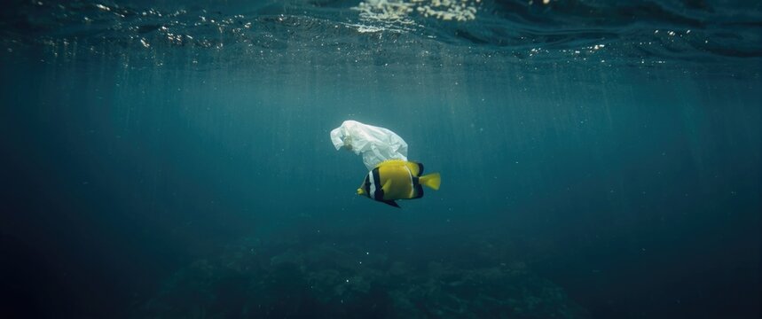 Visualize a fish next to a plastic bag to represent the severe issue of ocean pollution