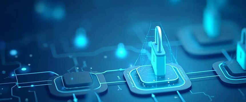 Futuristic digital padlock icon pulses with light, as the camera slowly pans across a secure network interface; ambient lights flicker softly, creating a cinematic cyber security scene.