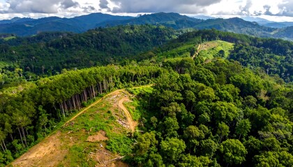 Aerial view of deforested land mountain.
