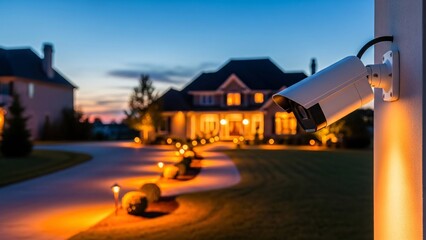 Suburban evening: illuminated driveway and security camera