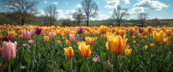 Obraz premium Tulip Field and Spring Meadow Scene