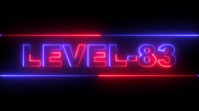 glowing neon Level-83 text inside a horizontal banner on black background. level 83 text icon animation. Neon level up sign. neon next Level text. Game concept next level. 4k video animation.