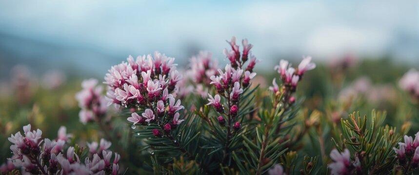 Detailed view of winter blooming heather: Calluna vulgaris, also known as ling or heather, with pink, white, magenta, and lilac flowers