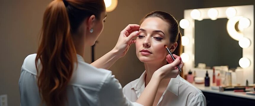 Makeup artist skillfully applies cosmetics to a model in a softly lit studio, while the camera gently pans across the scene, capturing a cinematic and professional beauty transformation.