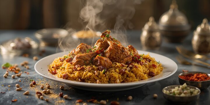 Malabar Chicken Biryani from Kerala featuring aromatic basmati rice and dried fruits, regional cuisine, India
